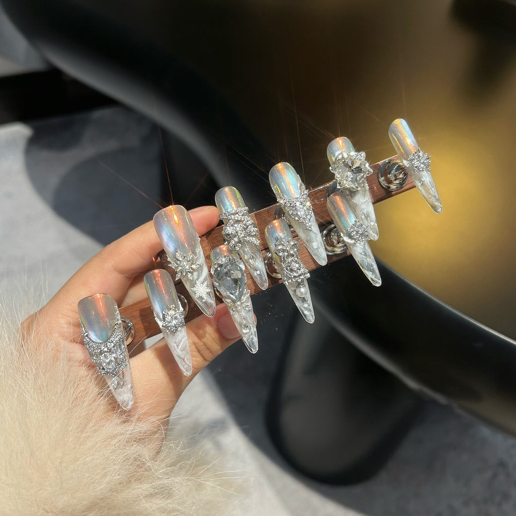 Handmade full diamond ice transparent christmas style wearable manicure thin dog tip whitening classy sense wearable manicure bridal nails