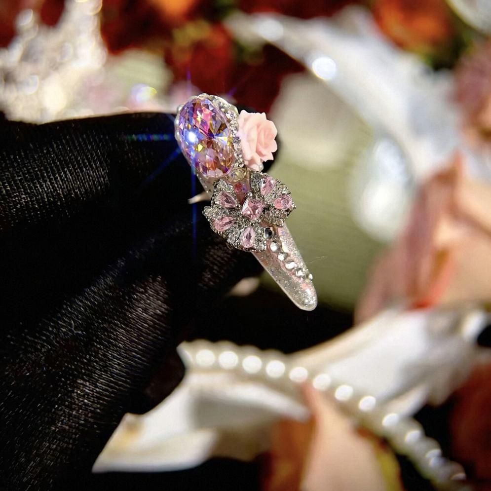 Powder Crystal Crushed Mang Heavy Industry Original Fairy Qi Pink Printed Zircon Diamond Long Handmade Wear Nail Customized Nail Art
