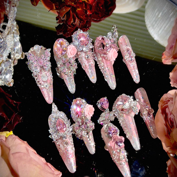Powder Crystal Crushed Mang Heavy Industry Original Fairy Qi Pink Printed Zircon Diamond Long Handmade Wear Nail Customized Nail Art