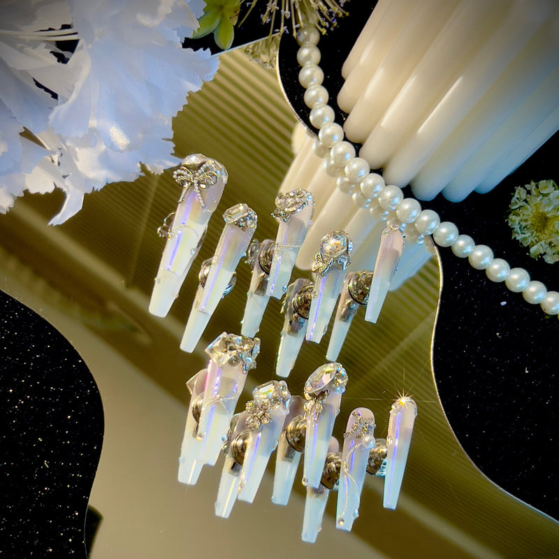 Light pink gradual change blue aurora noble daughter cool feeling full zircon diamond handmade wear nail custom nail manicure