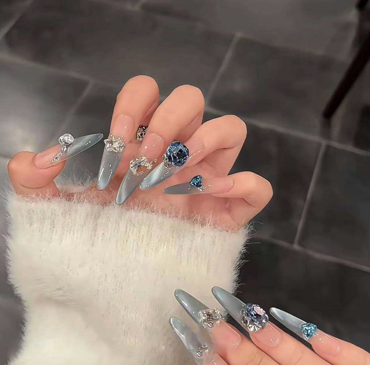 Spring new arrivals: dreamy ocean blue smiling french cat eye premium handmade press-on nails