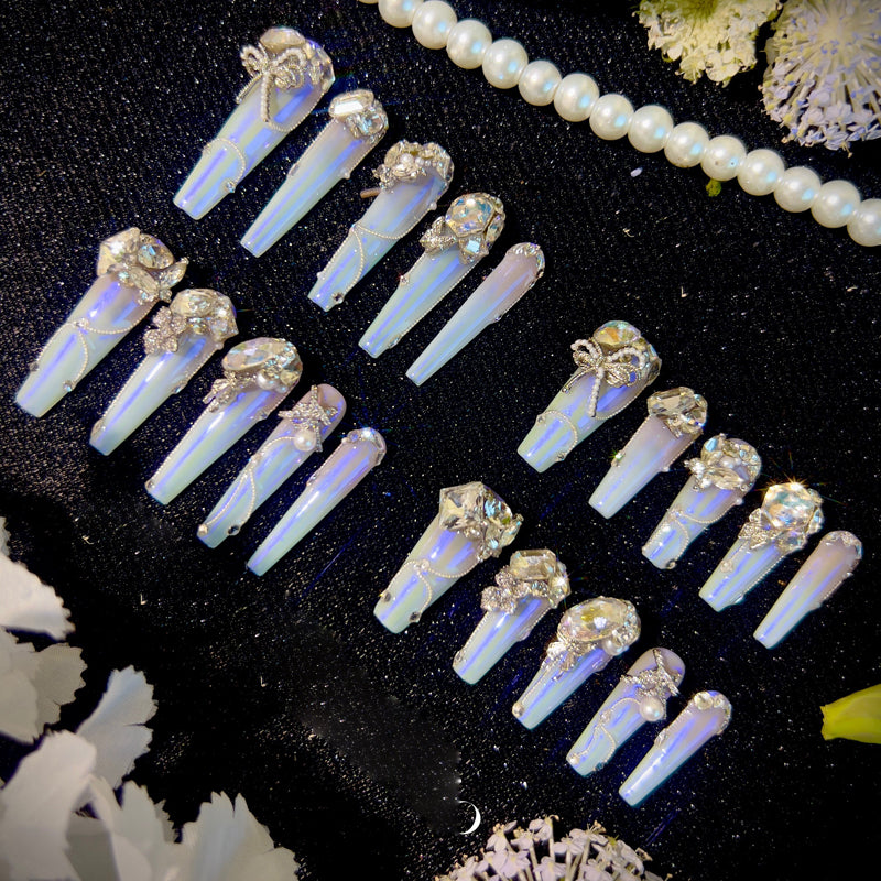 Light pink gradual change blue aurora noble daughter cool feeling full zircon diamond handmade wear nail custom nail manicure