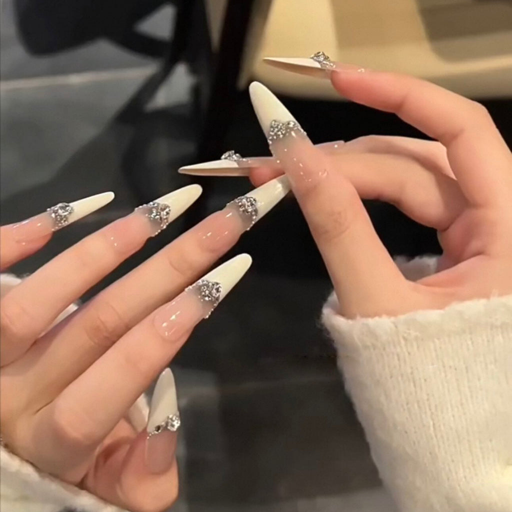 High-end, soft, milky white, french-style, exquisite, diamond-studded chain, accessible luxury, long, handmade press-on nails