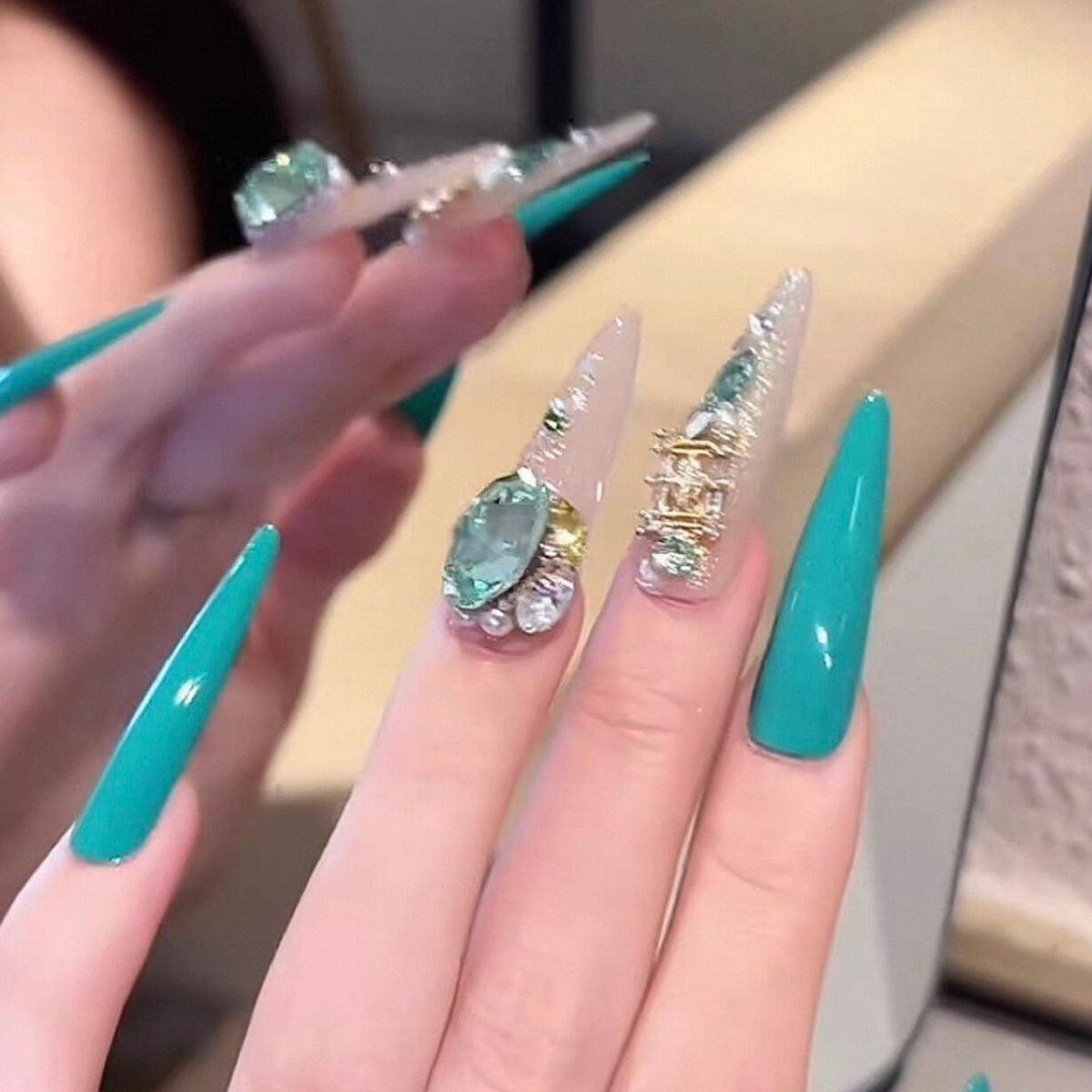 Handmade press-on nails - peacock blue with rhinestone accents, gentle & flattering, removable nail stickers, long length, elegant & luxurious