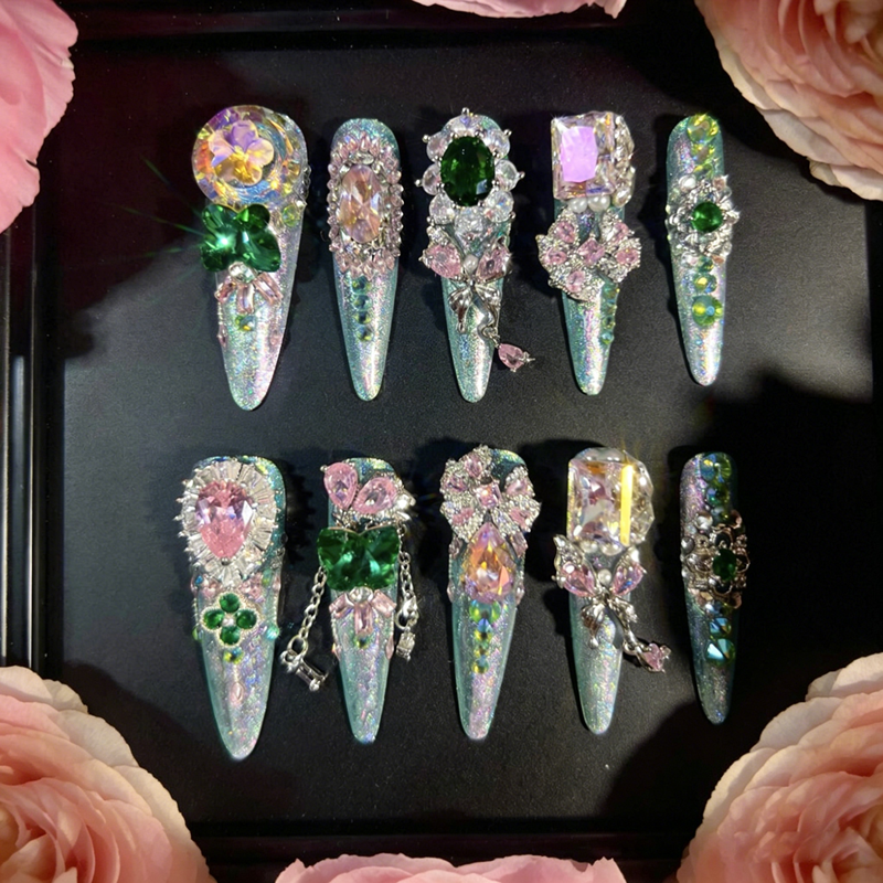 Heavy Industry Original Luxury Pink and Green Contrast Color Zircon Diamond Long Handmade Wear Nail Custom Nail Art