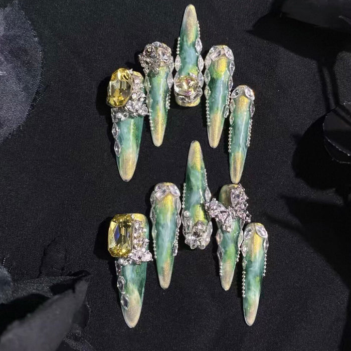Handmade wearable nail art heavy industry luxurious classy gold and green smudged wearable nail art