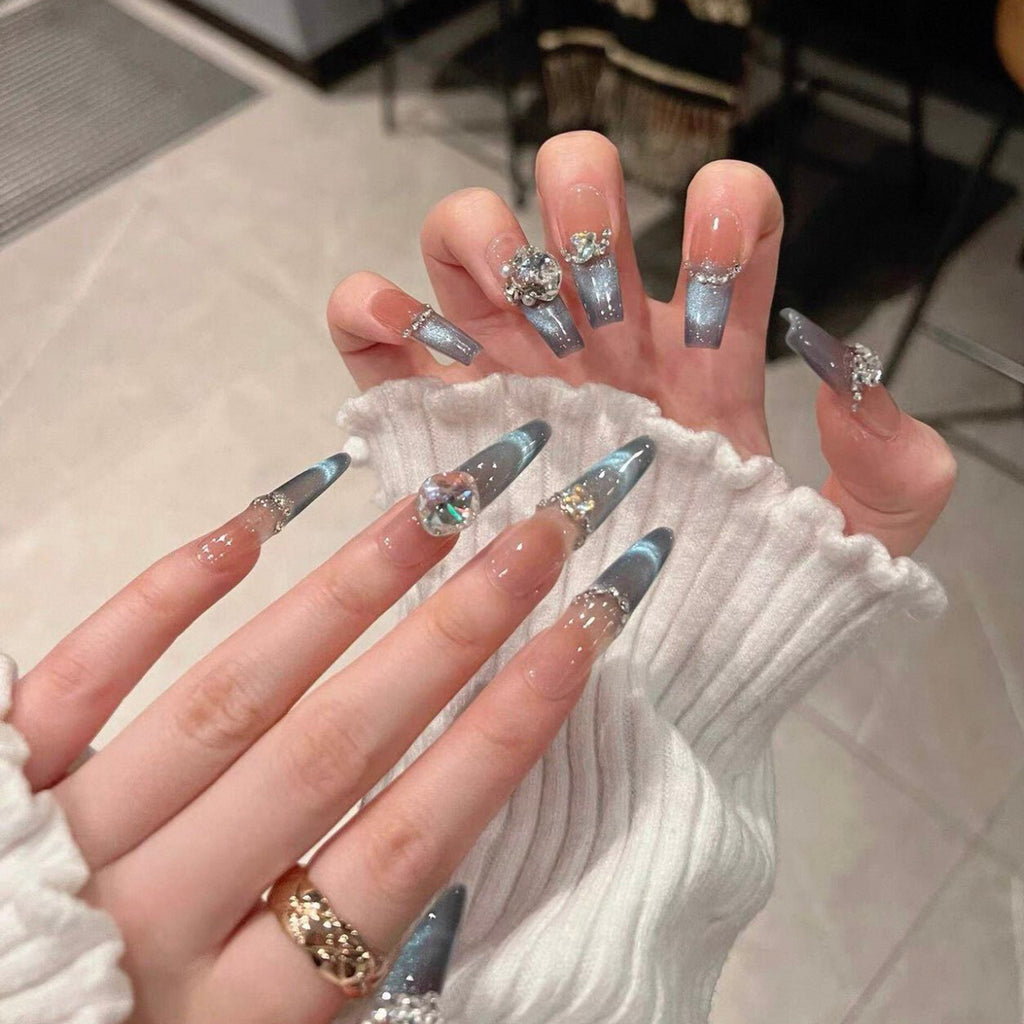 Spring new arrivals: dreamy ocean blue smiling french cat eye premium handmade press-on nails