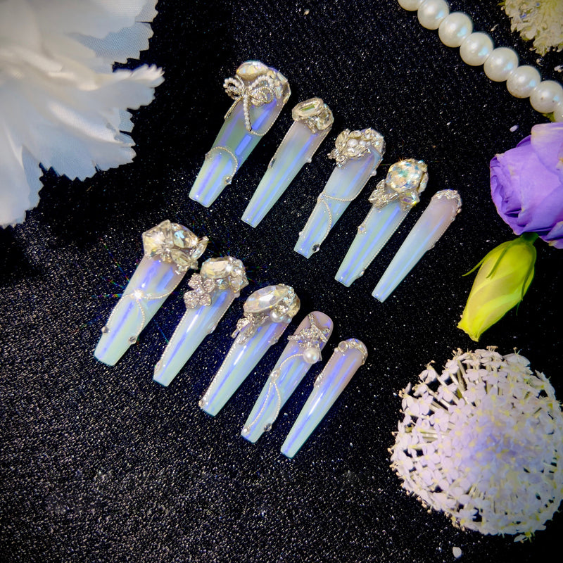 Light pink gradual change blue aurora noble daughter cool feeling full zircon diamond handmade wear nail custom nail manicure