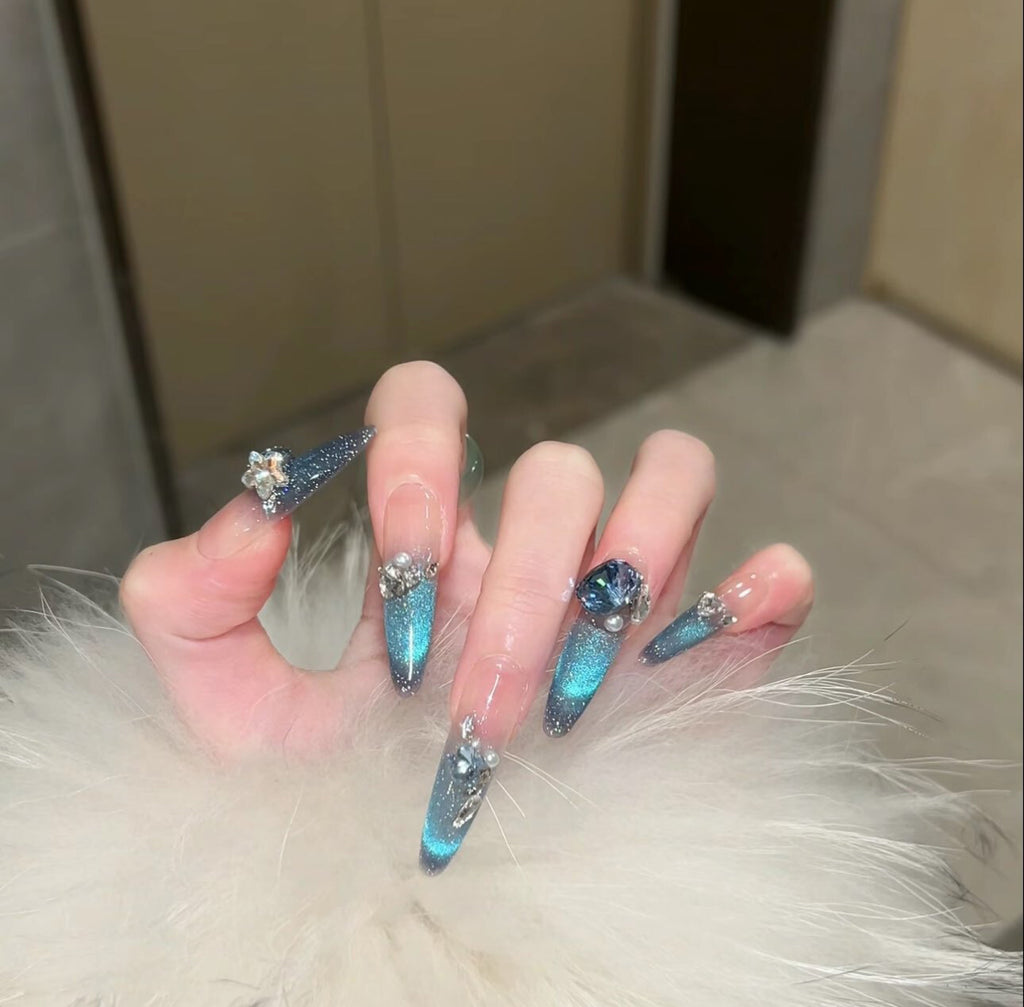 Spring new arrivals: dreamy ocean blue smiling french cat eye premium handmade press-on nails