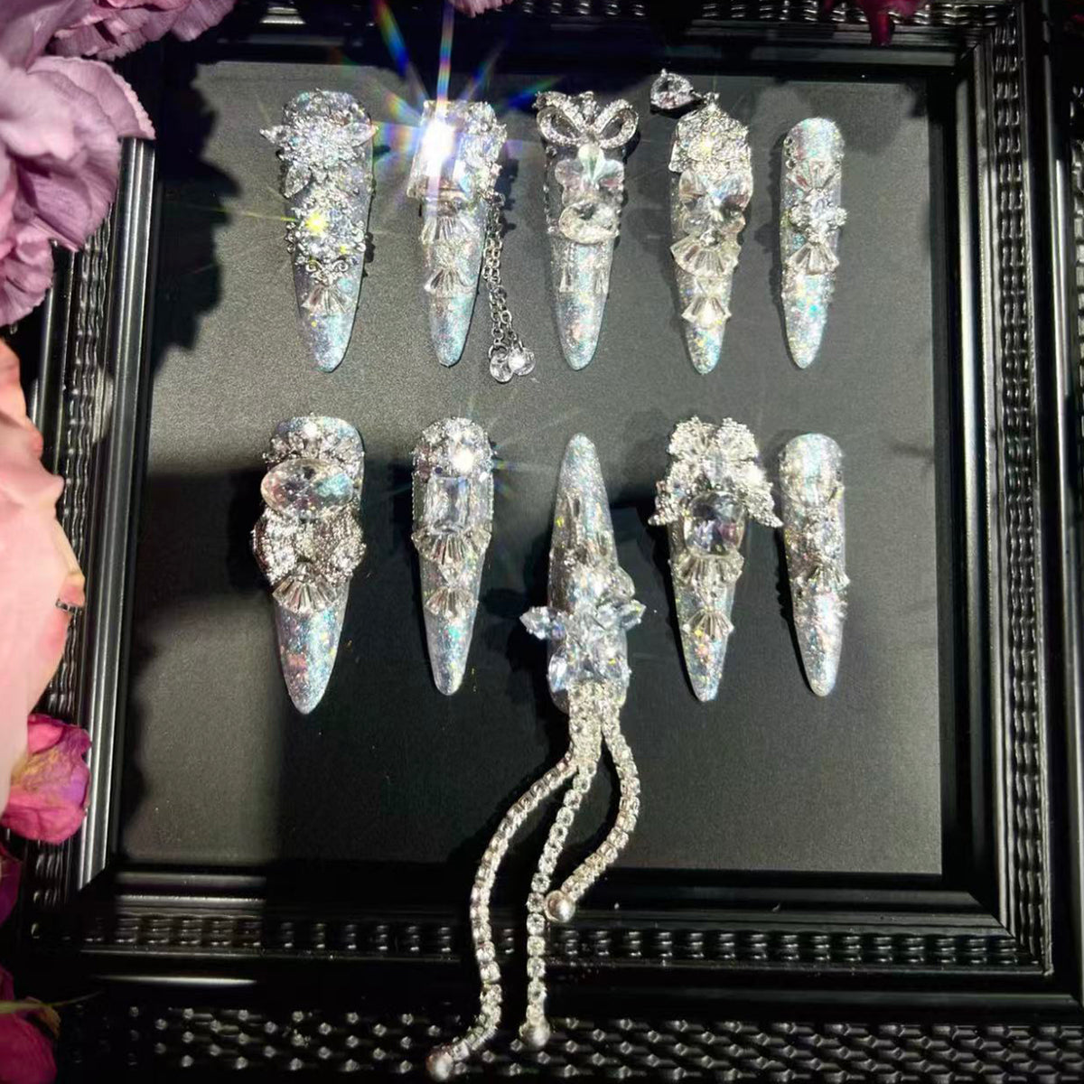 Heavy industry original luxury silver full zircon diamond long handmade wearable nail art customized manicure