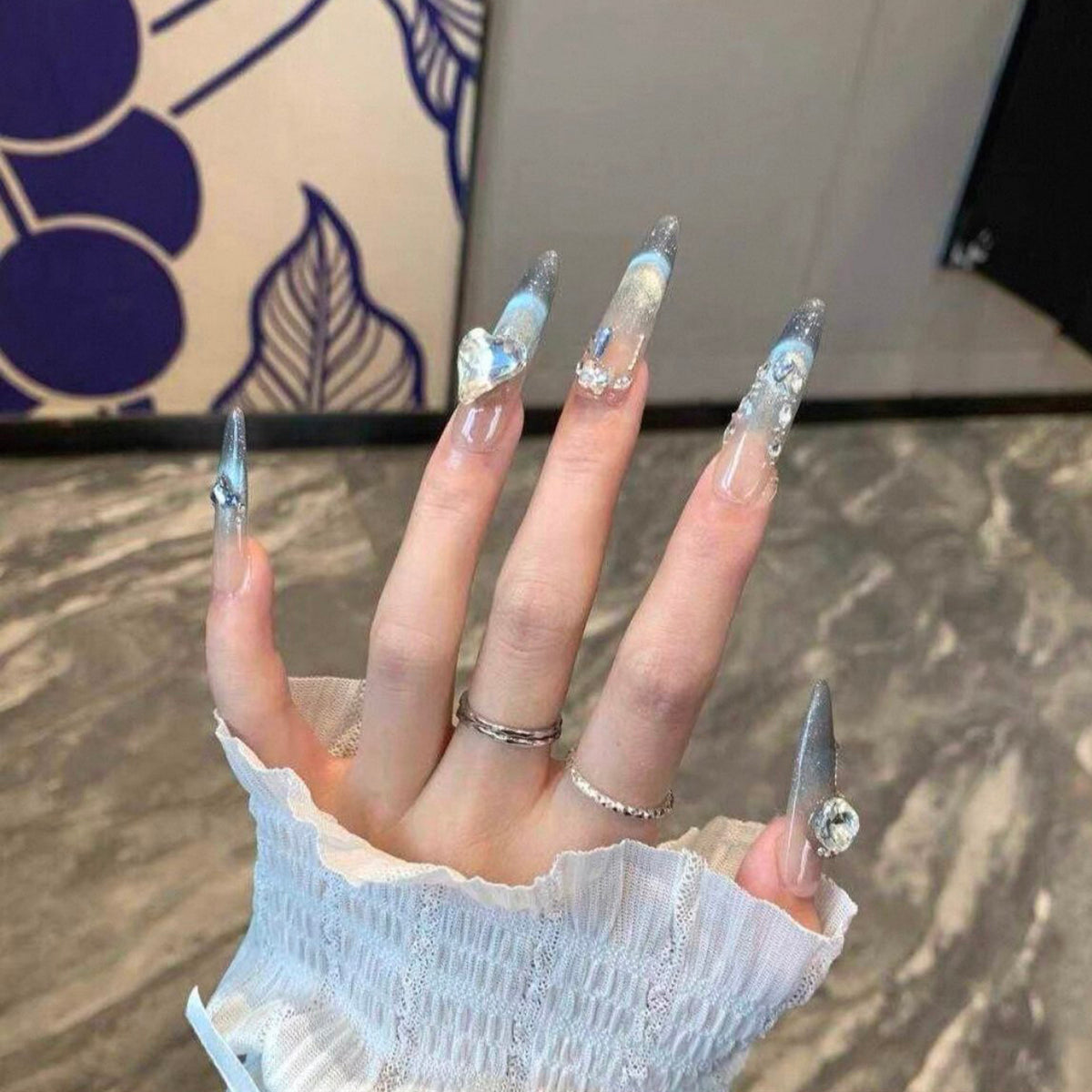 Luxury chic, heart-shaped diamond accent, gentle smile, french cat eye, long handmade press-on nails