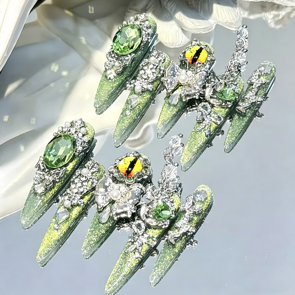 Handmade press-on nails, removable nail art, luxury green cat eye with pendant chain