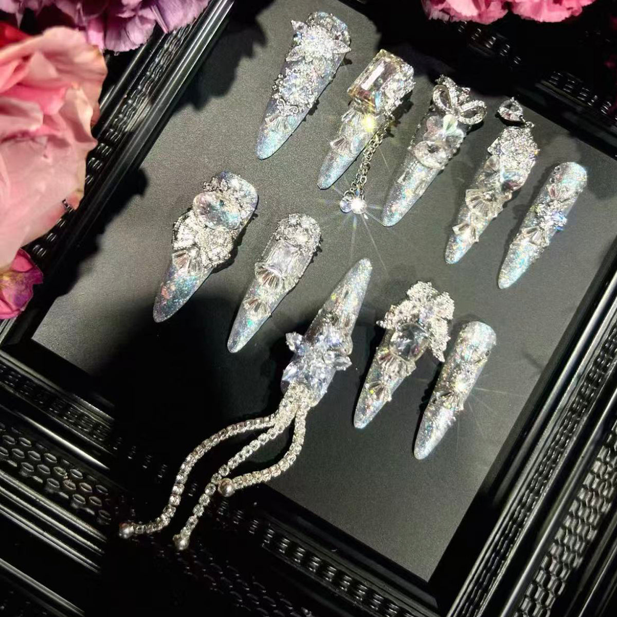 Heavy industry original luxury silver full zircon diamond long handmade wearable nail art customized manicure