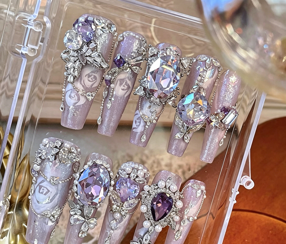 Purple palace light luxury full diamond handmade custom wearable nails watercolor rose flash new detachable nail manicure