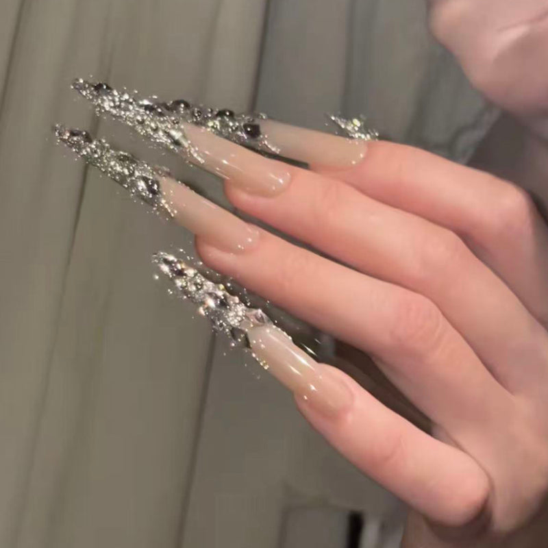 Pure handmade full-diamond French daughter gold flash nails removable wedding nail light luxury whitening advanced nail art wearing temperament