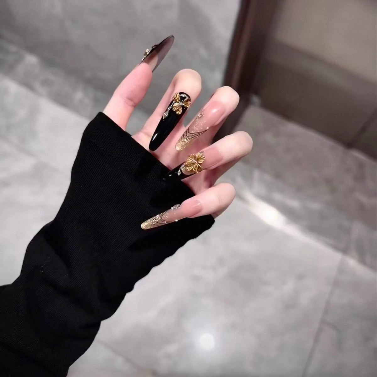 Handmade press-on nails: premium new year gold glitter cat eye long nails, hand-painted gold flower magic mirror, removable press-ons