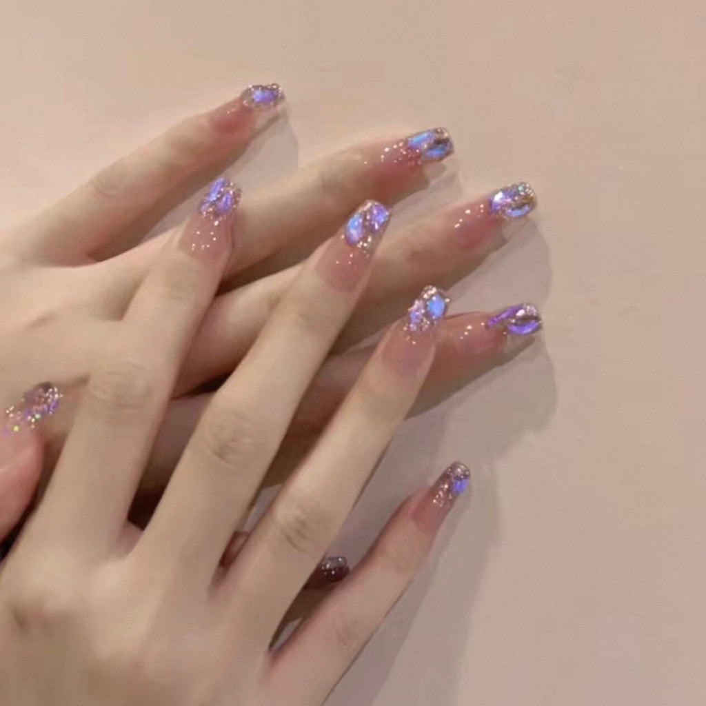 Handmade press-on nails: ethereal purple shimmer, dazzling aurora diamond, soft & flattering, ultra-fairy false nails