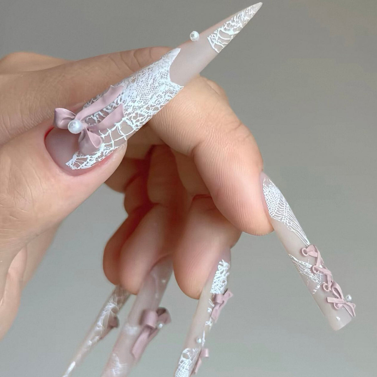 Handmade custom press-on nails: new, sweet & girly pink french bow long length, whitening, new nail art stickers