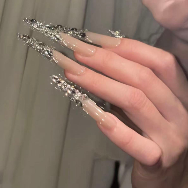 Pure handmade full-diamond French daughter gold flash nails removable wedding nail light luxury whitening advanced nail art wearing temperament
