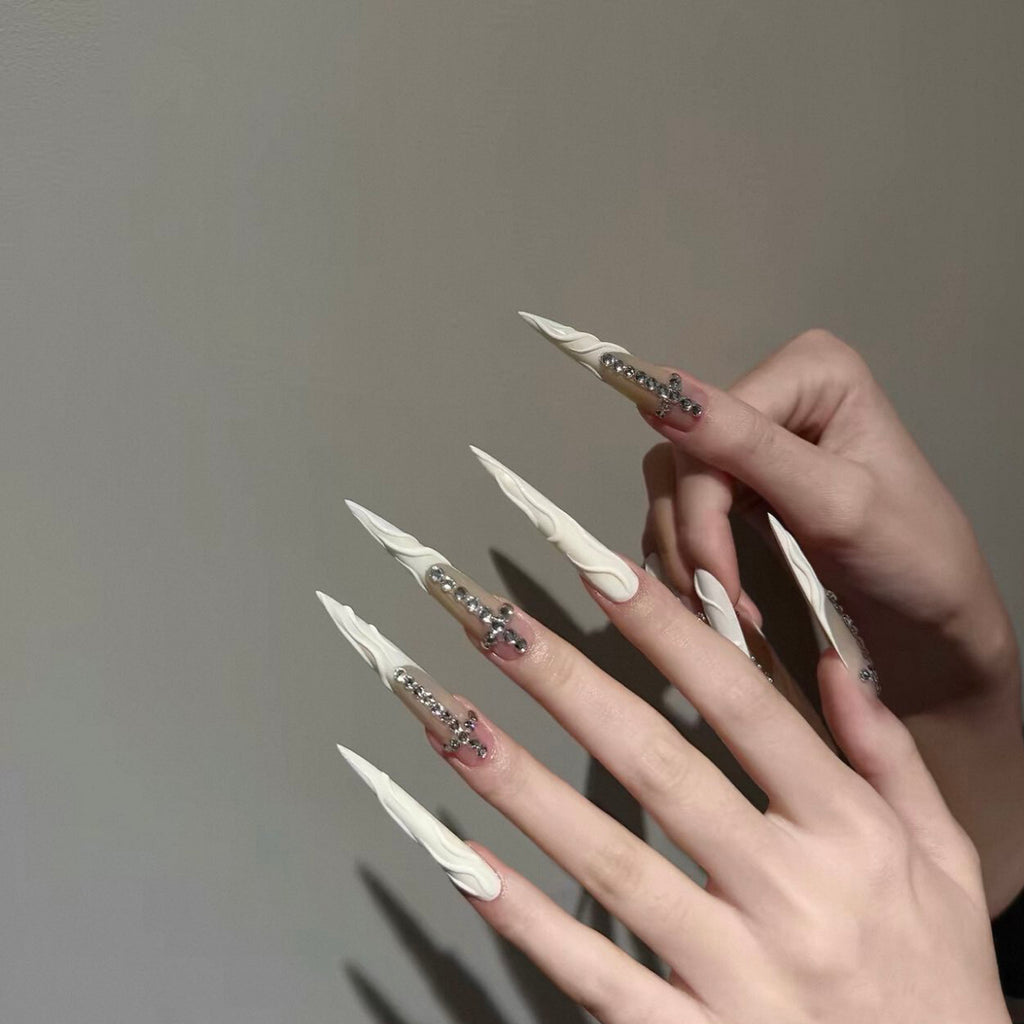Handmade custom irregular water ripple hot girl pointed tip press-on nails with cross and crushed diamond accents - luxurious and flattering