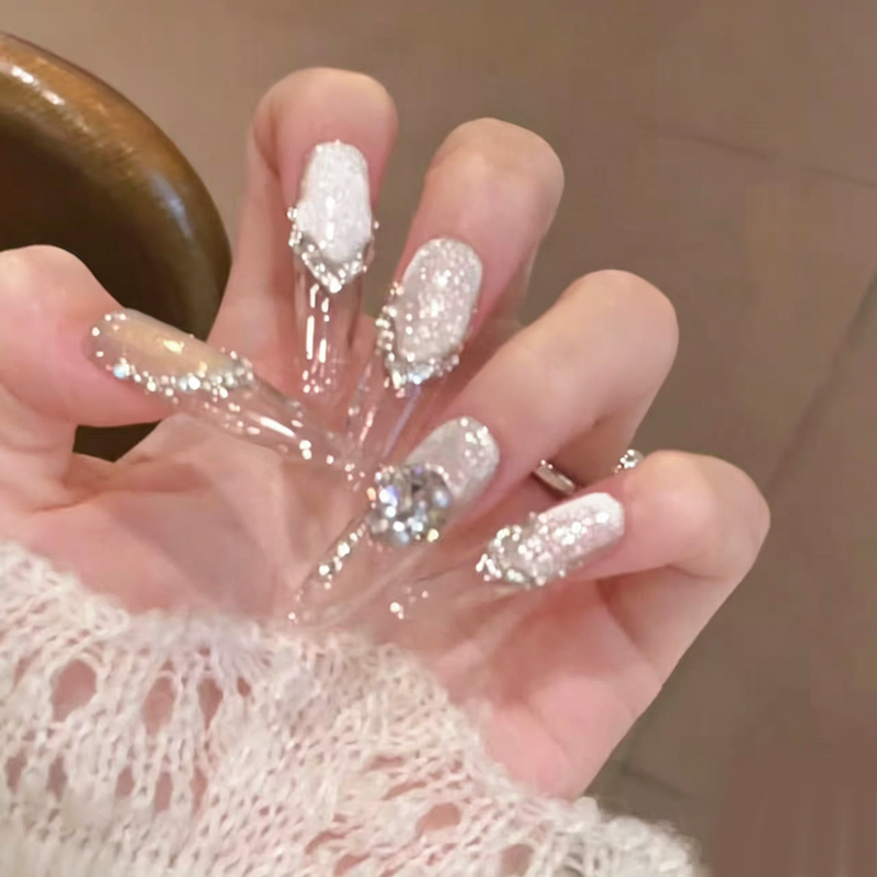 French ice penetrating new pure handmade long nail art finished light luxury high-end nail art wearing nail