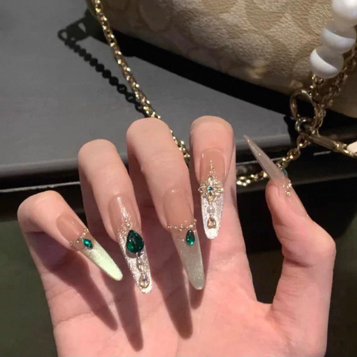 Handmade press-on nails - summer mid-length cat eye, luxe retro, elegant, and flattering white gel nail tips