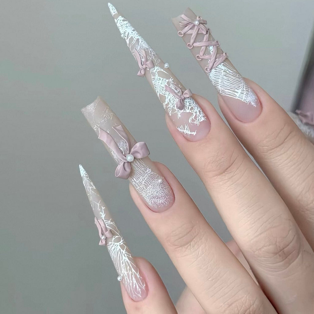 Handmade custom press-on nails: new, sweet & girly pink french bow long length, whitening, new nail art stickers