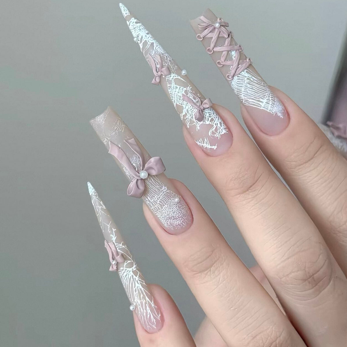 Handmade custom press-on nails: new, sweet & girly pink french bow long length, whitening, new nail art stickers