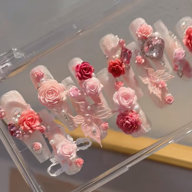 Cat's eye press-on nails with three-dimensional floral premium touches, uniquely beautiful handmade wear nail art