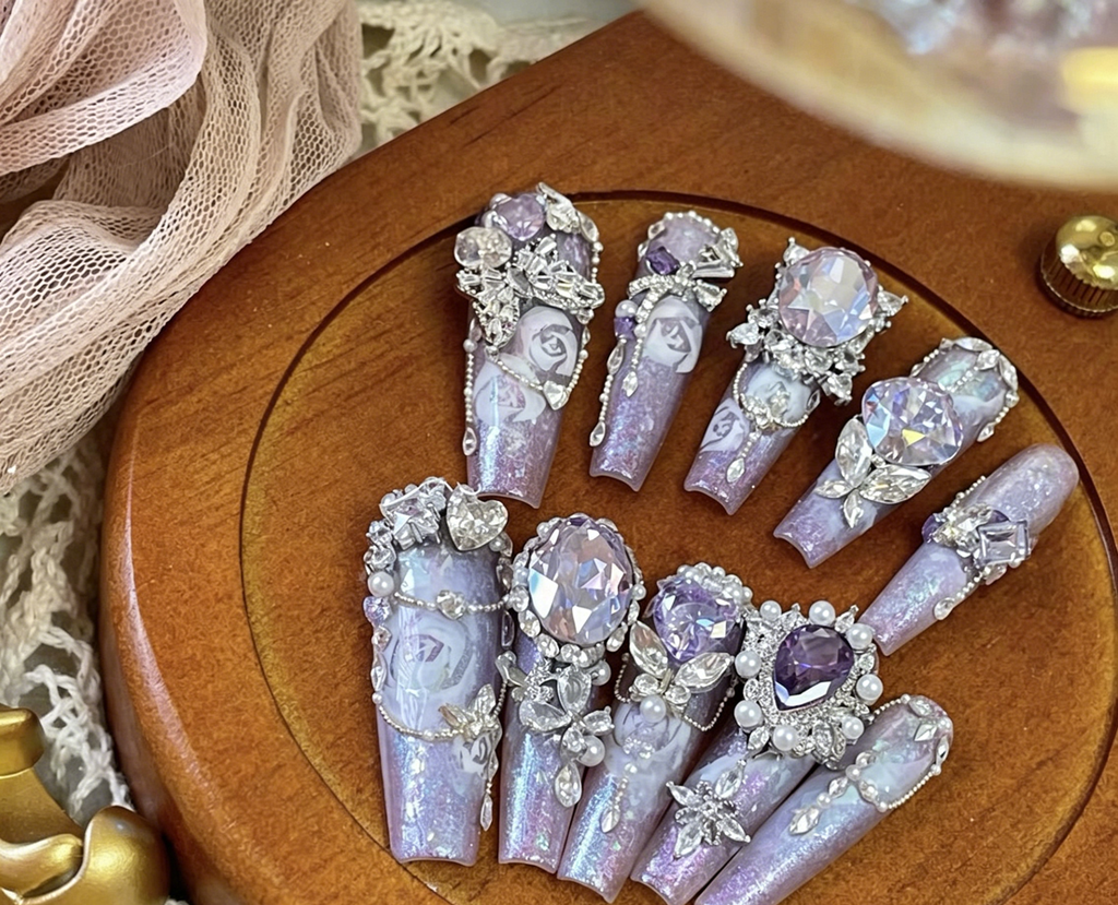 Purple palace light luxury full diamond handmade custom wearable nails watercolor rose flash new detachable nail manicure