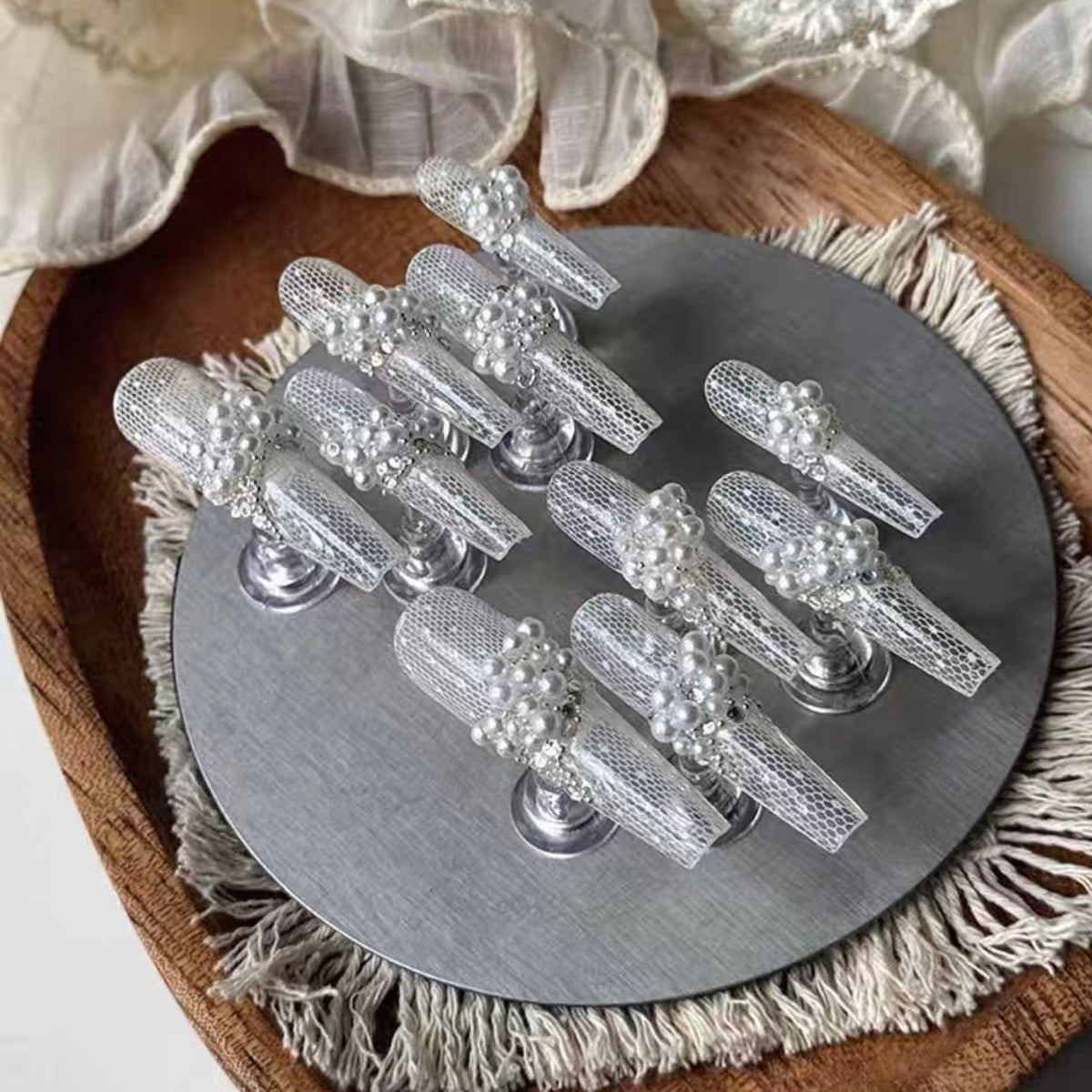Pearl lace new arrivallong bridal wedding nails wearable nails heavy industry purely handmade original