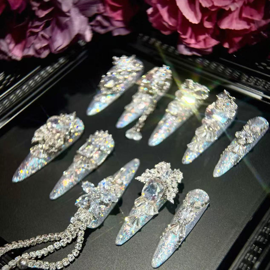 Heavy industry original luxury silver full zircon diamond long handmade wearable nail art customized manicure