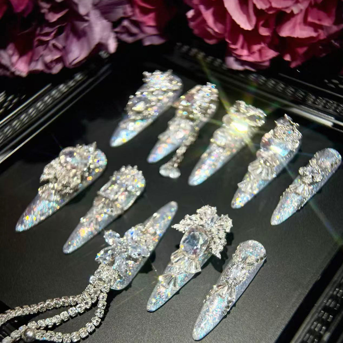 Heavy industry original luxury silver full zircon diamond long handmade wearable nail art customized manicure