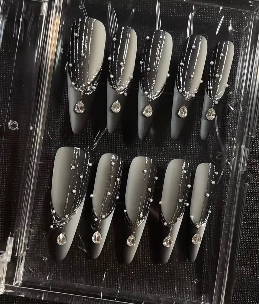 Ethereal black mirror double gradient space french handmade personalized wearable nails black frosted flash removable nails manicure