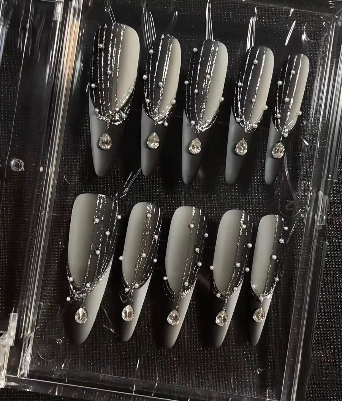 Ethereal black mirror double gradient space french handmade personalized wearable nails black frosted flash removable nails manicure