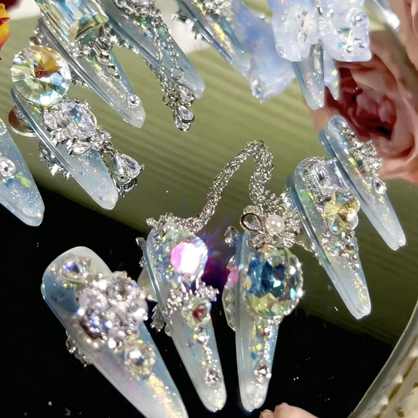Butterfly blue dream heavy industry original fairy blue butterfly zircon diamond long handmade wearable nail customized rotating diamond nail manicure