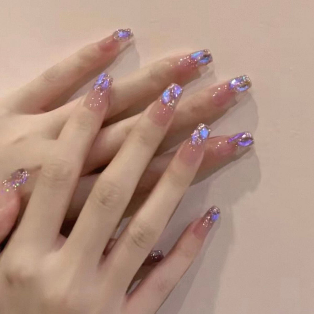 Handmade press-on nails: ethereal purple shimmer, dazzling aurora diamond, soft & flattering, ultra-fairy false nails