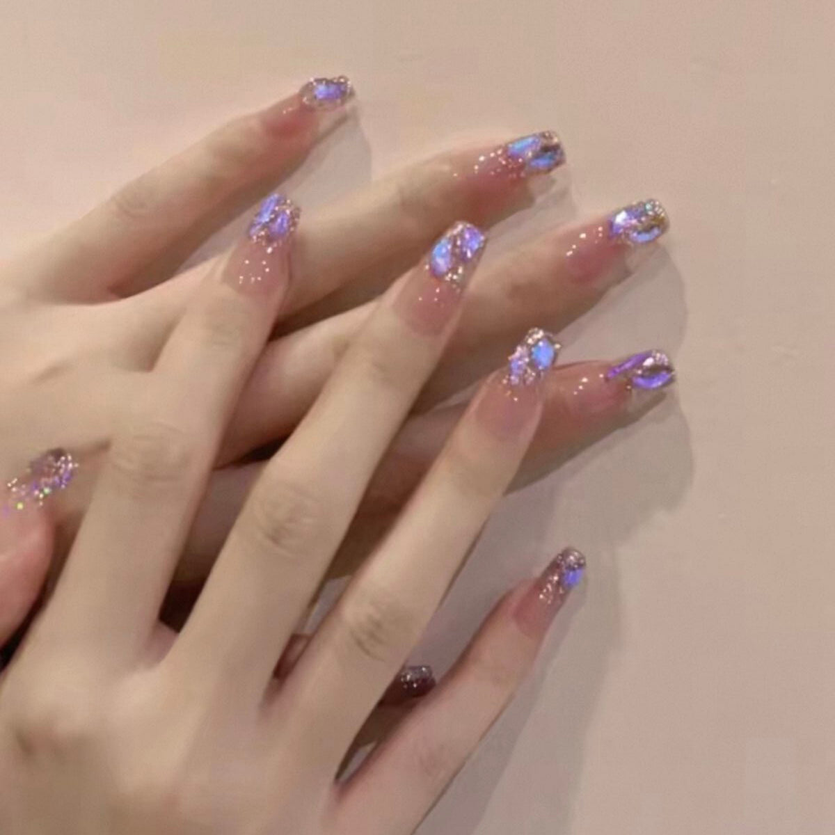 Handmade press-on nails: ethereal purple shimmer, dazzling aurora diamond, soft & flattering, ultra-fairy false nails