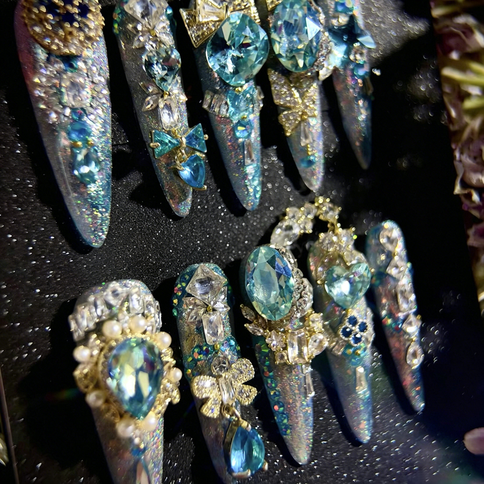 Luxury blue magic gold heavy industry original luxury blue gradual change zircon diamond long handmade wear nail custom nail art