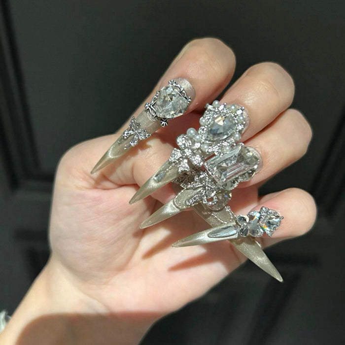 Heavy-duty, handcrafted, dazzling, wearable, high-end, whitening, french cat-eye manicure, luxurious elegant nails