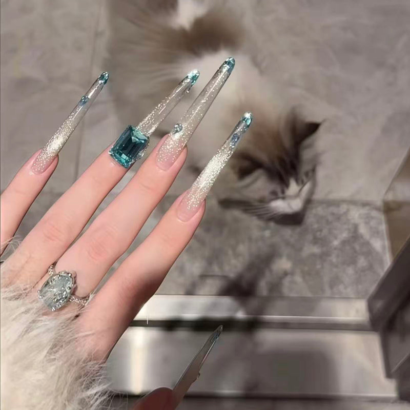 High-luxury peacock blue full-flower diamonds flash cat's eye French wedding nail pure handmade nail wear nail