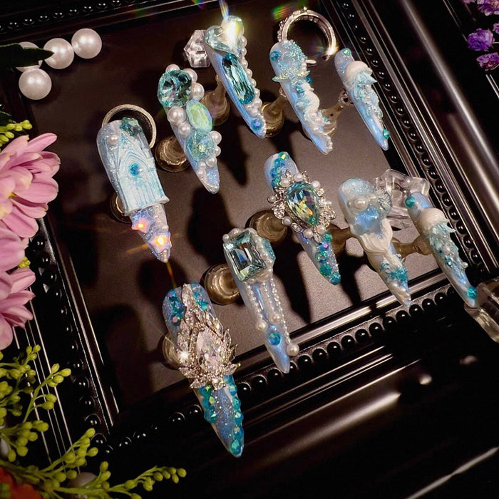 Haiyu Castle Heavy Industry Ocean Wind Jellyfish Sky Blue Zircon Diamond Long Handmade Wear Nail Custom Nail Art