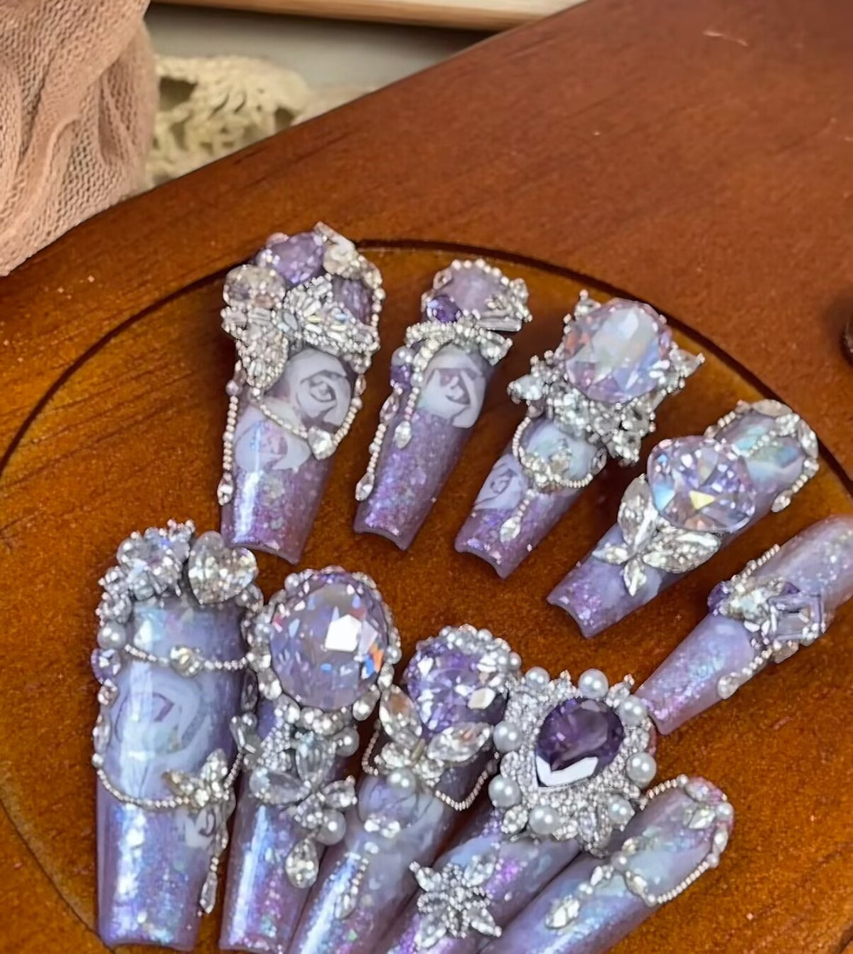 Purple palace light luxury full diamond handmade custom wearable nails watercolor rose flash new detachable nail manicure