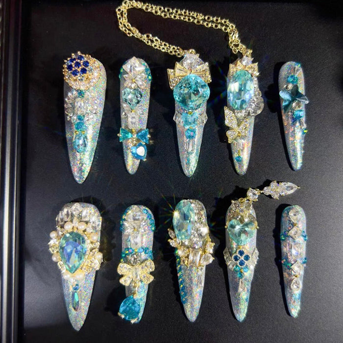 Luxury blue magic gold heavy industry original luxury blue gradual change zircon diamond long handmade wear nail custom nail art