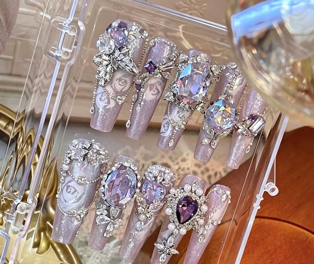 Purple palace light luxury full diamond handmade custom wearable nails watercolor rose flash new detachable nail manicure