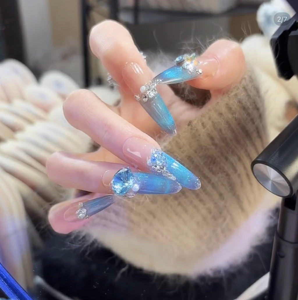 Spring new arrivals: dreamy ocean blue smiling french cat eye premium handmade press-on nails