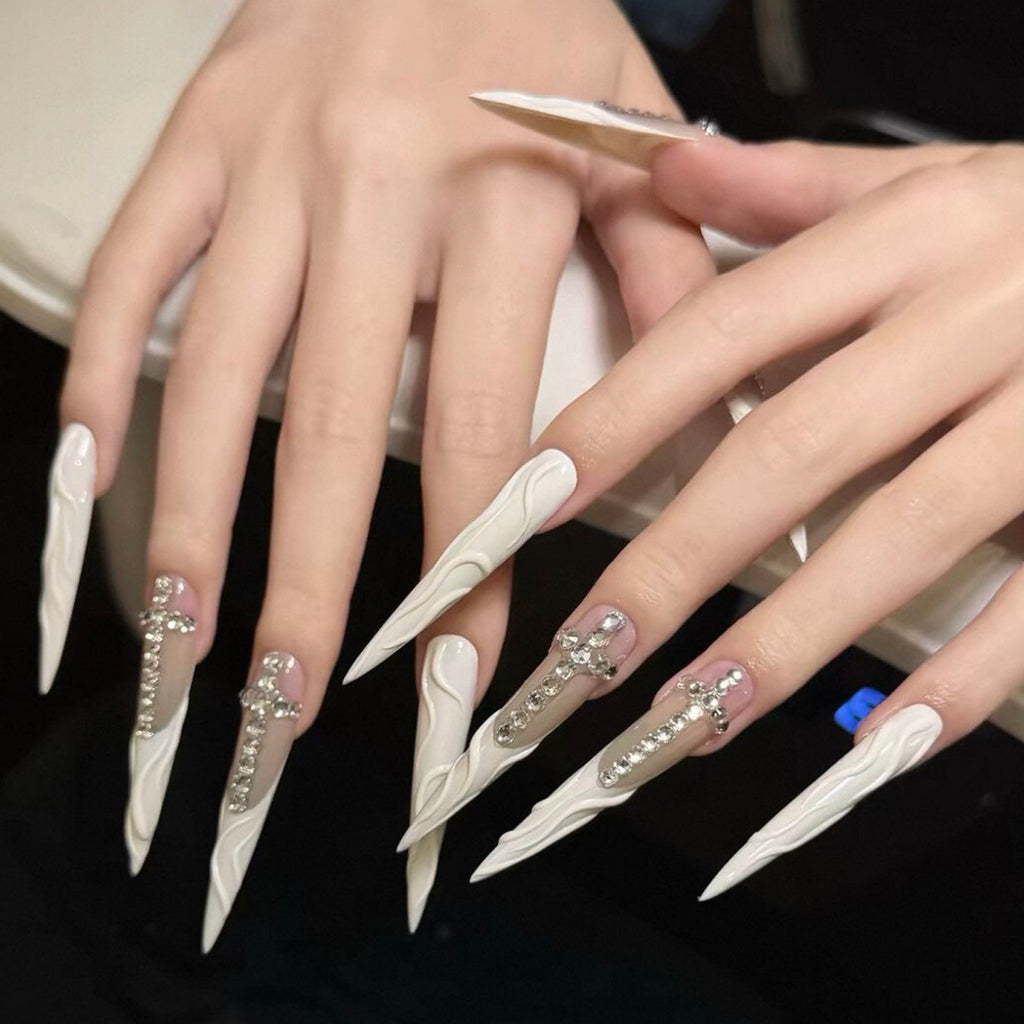 Handmade custom irregular water ripple hot girl pointed tip press-on nails with cross and crushed diamond accents - luxurious and flattering