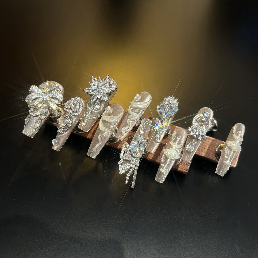 Explosive handmade heavy-duty full-diamond ice-through wearable nails, thin dog ladder, whitening, high-end wearable manicure