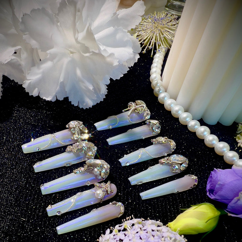 Light pink gradual change blue aurora noble daughter cool feeling full zircon diamond handmade wear nail custom nail manicure