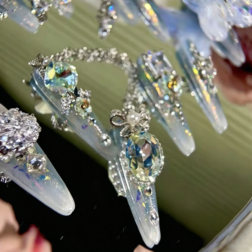 Butterfly blue dream heavy industry original fairy blue butterfly zircon diamond long handmade wearable nail customized rotating diamond nail manicure